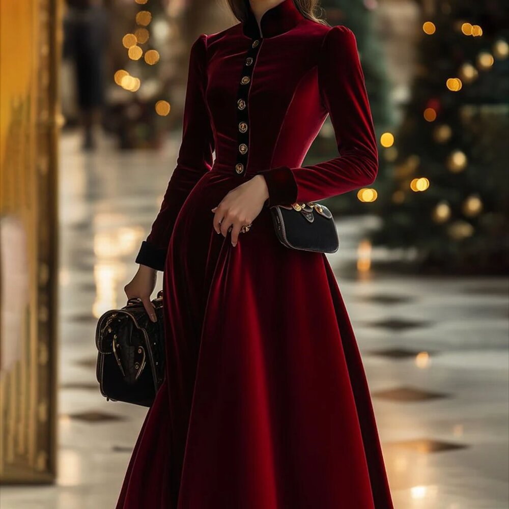 Fashion Retro Ankola Red Velvet Single-Breasted Long-Sleeved Midi Dress